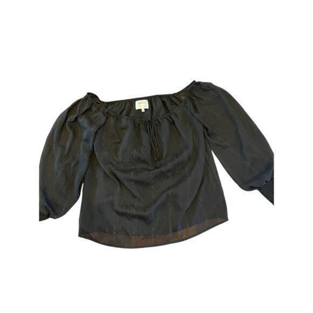 WAYF x BFF Sarah Silver Metallic & Black Off the Shoulder Top Sheer Long Sleeves - Picture 5 of 12
